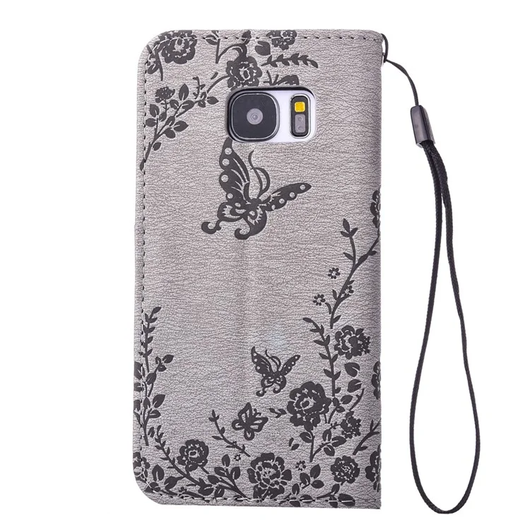 Imprinted Butterfly Flowers Rhinestone Leather Wallet Case for Samsung Galaxy S7 SM-G930 - Grey