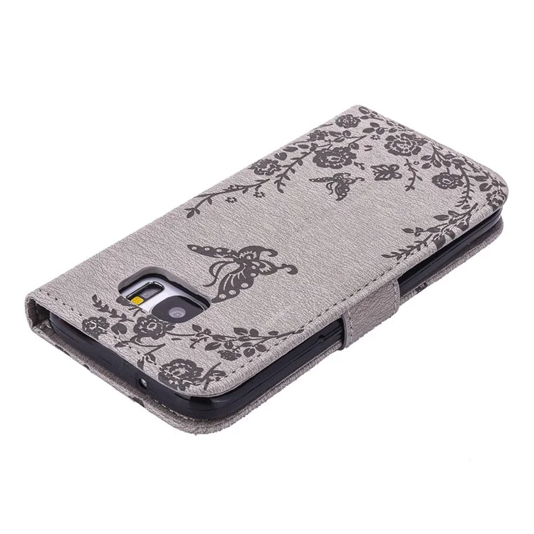 Imprinted Butterfly Flowers Rhinestone Leather Wallet Case for Samsung Galaxy S7 SM-G930 - Grey