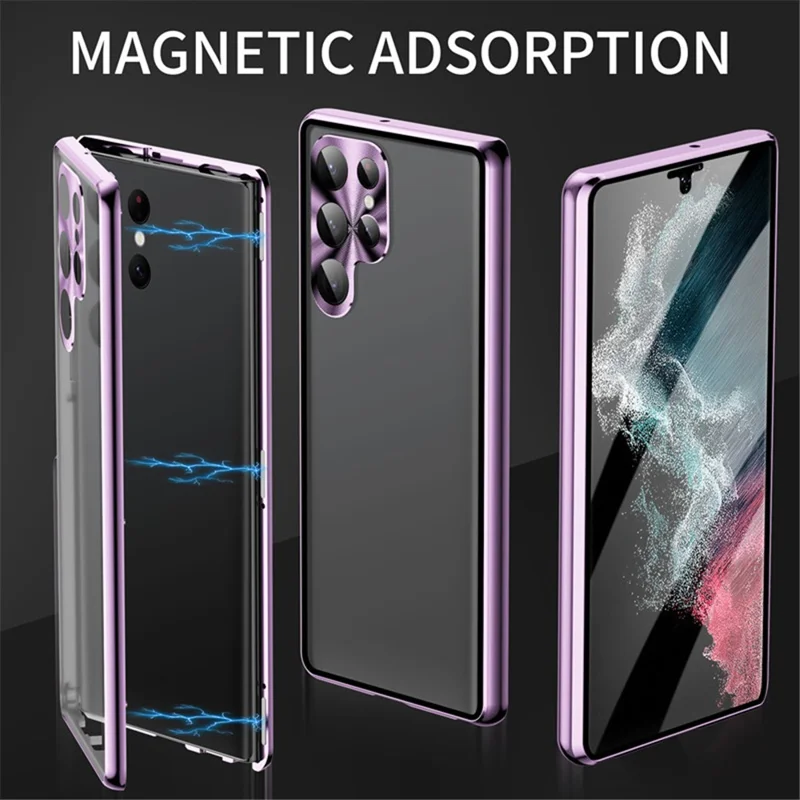Für Samsung Galaxy S22 Ultra 5G Handyhülle mit beidseitigem gehärtetem Glas + magnetischem Metallrahmen mit Verschlussriegel - Hellviolett