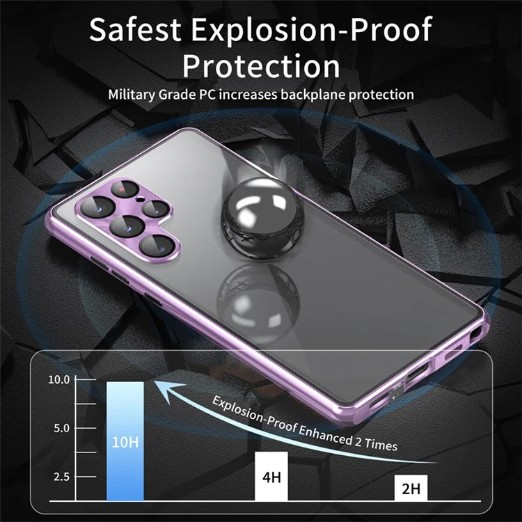 Für Samsung Galaxy S22 Ultra 5G Handyhülle mit beidseitigem gehärtetem Glas + magnetischem Metallrahmen mit Verschlussriegel - Hellviolett