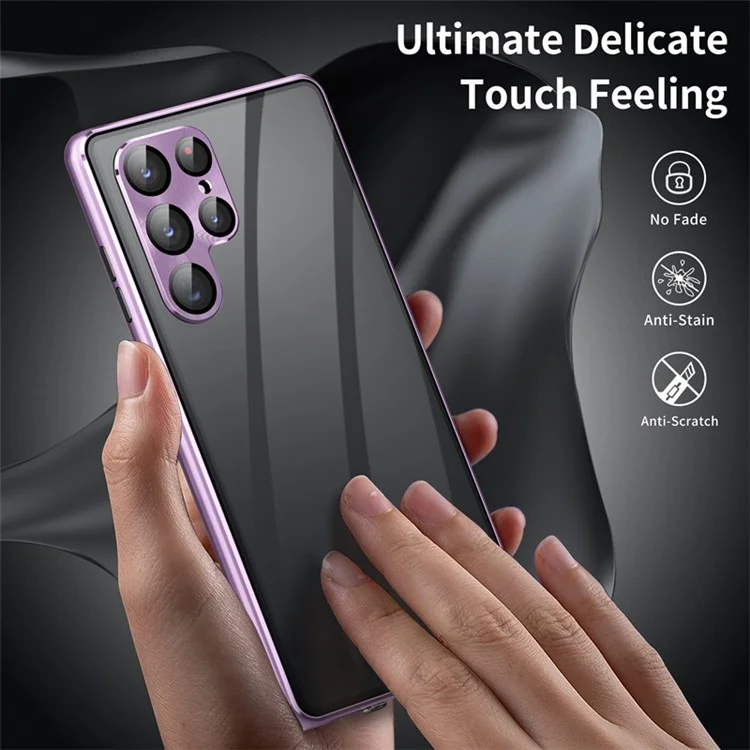 Für Samsung Galaxy S22 Ultra 5G Handyhülle mit beidseitigem gehärtetem Glas + magnetischem Metallrahmen mit Verschlussriegel - Hellviolett