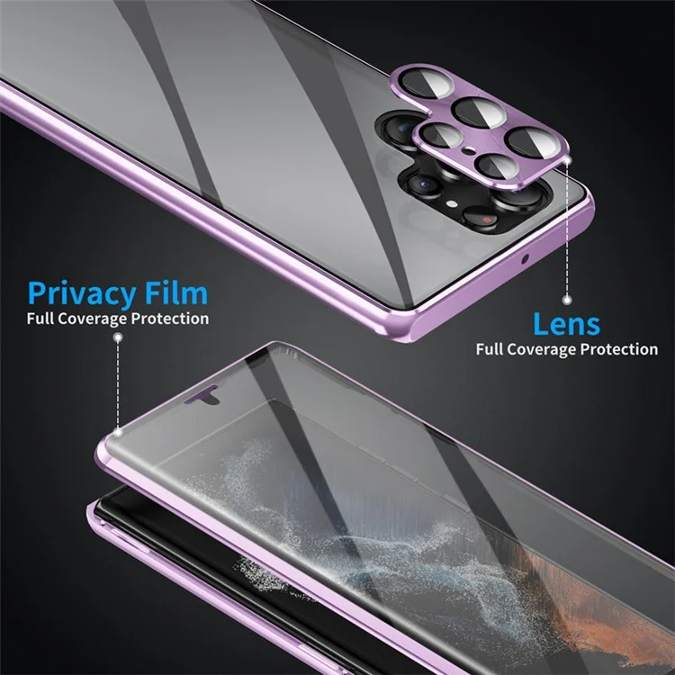 Für Samsung Galaxy S22 Ultra 5G Handyhülle mit beidseitigem gehärtetem Glas + magnetischem Metallrahmen mit Verschlussriegel - Hellviolett