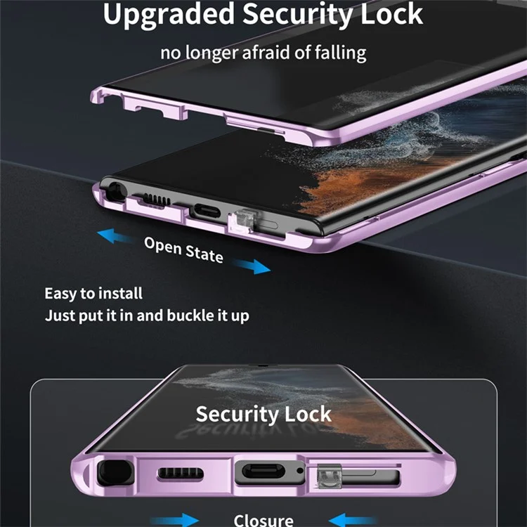 Für Samsung Galaxy S22 Ultra 5G Handyhülle mit beidseitigem gehärtetem Glas + magnetischem Metallrahmen mit Verschlussriegel - Hellviolett
