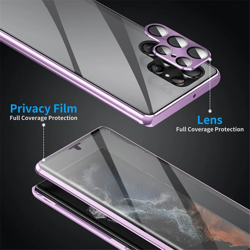 Para Samsung Galaxy S21 Ultra 5G Funda de Cristal Templado de Doble Cara Marco Metálico Magnético Cubierta de Teléfono con Hebilla de Bloqueo - Púrpura Claro