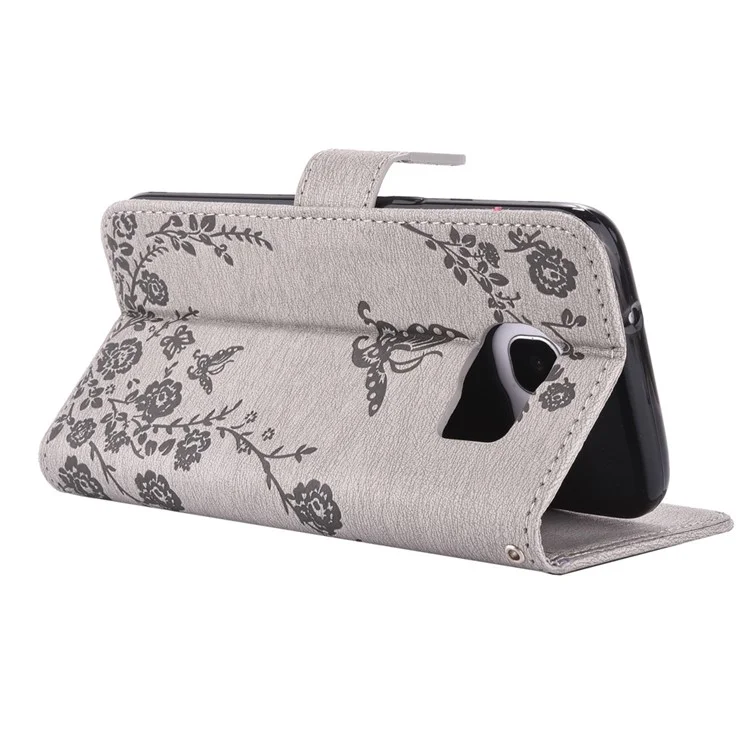 Imprinted Butterfly Flowers Rhinestone Leather Wallet Case for Samsung Galaxy S7 edge SM-G935 - Grey