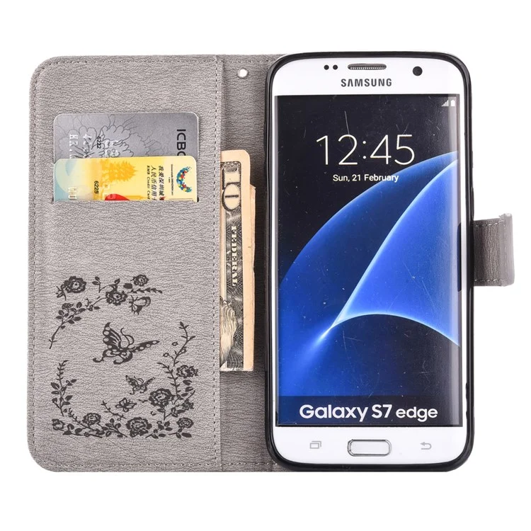 Imprinted Butterfly Flowers Rhinestone Leather Wallet Case for Samsung Galaxy S7 edge SM-G935 - Grey