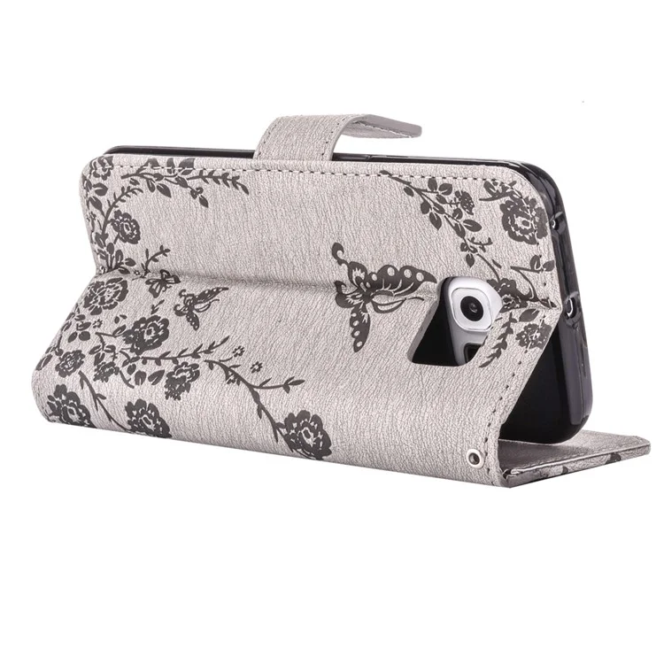 Imprinted Butterfly Flowers Rhinestone Leather Wallet Case for Samsung Galaxy S6 edge SM-G925 - Grey