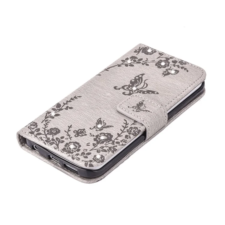 Imprinted Butterfly Flowers Rhinestone Leather Wallet Case for Samsung Galaxy S6 edge SM-G925 - Grey