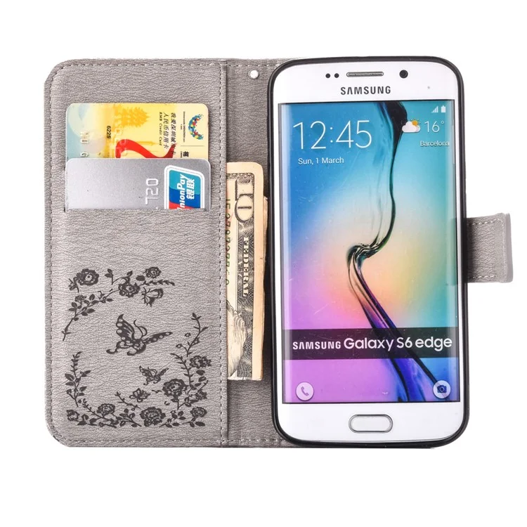 Imprinted Butterfly Flowers Rhinestone Leather Wallet Case for Samsung Galaxy S6 edge SM-G925 - Grey