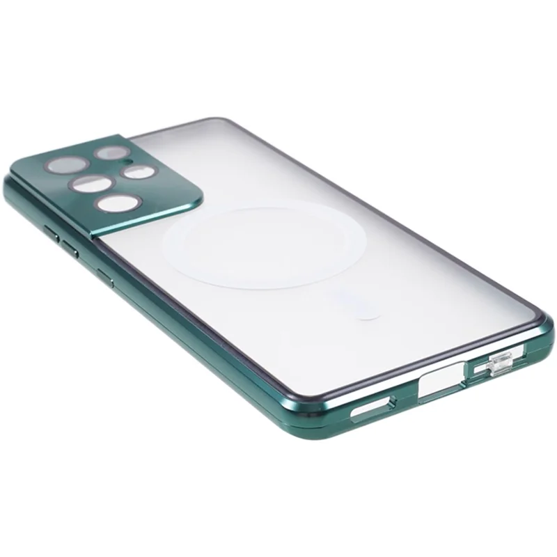 For Samsung Galaxy S21 Ultra 5G Magnetic Phone Case Metal Frame Tempered Glass+Matte PC Phone Cover - Green