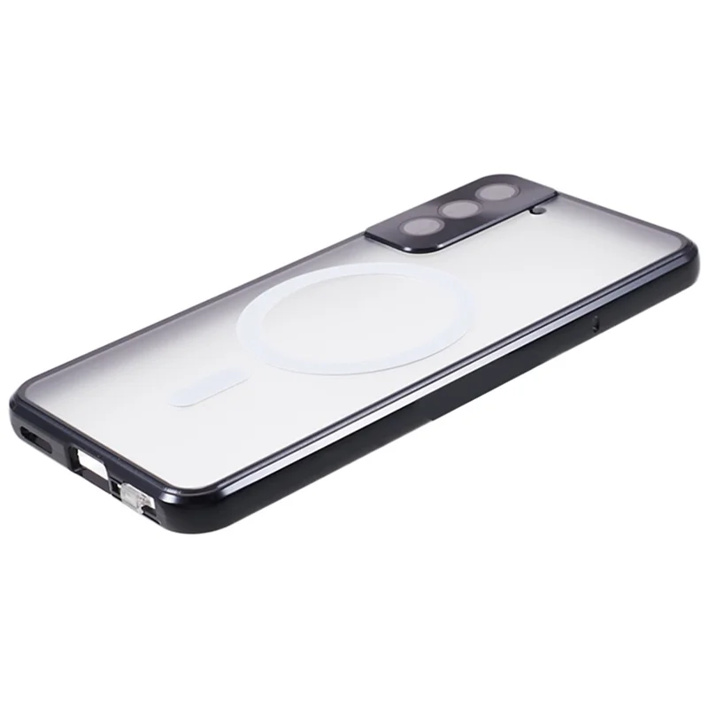 Para Samsung Galaxy S22 5G Funda de teléfono con marco de metal magnético Espalda de vidrio templado Cubierta de protección de PC mate de doble cara - Negro