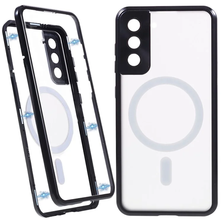 For Samsung Galaxy S22+ 5G Clear Magnetic Phone Case Tempered Glass Back Frosted PC Metal Frame Protective Cover - Black