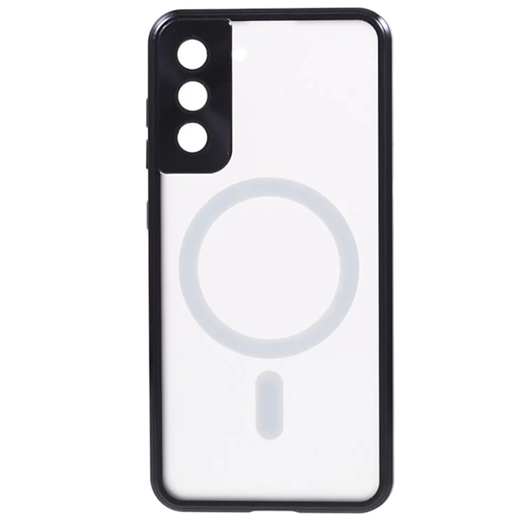 For Samsung Galaxy S22+ 5G Clear Magnetic Phone Case Tempered Glass Back Frosted PC Metal Frame Protective Cover - Black