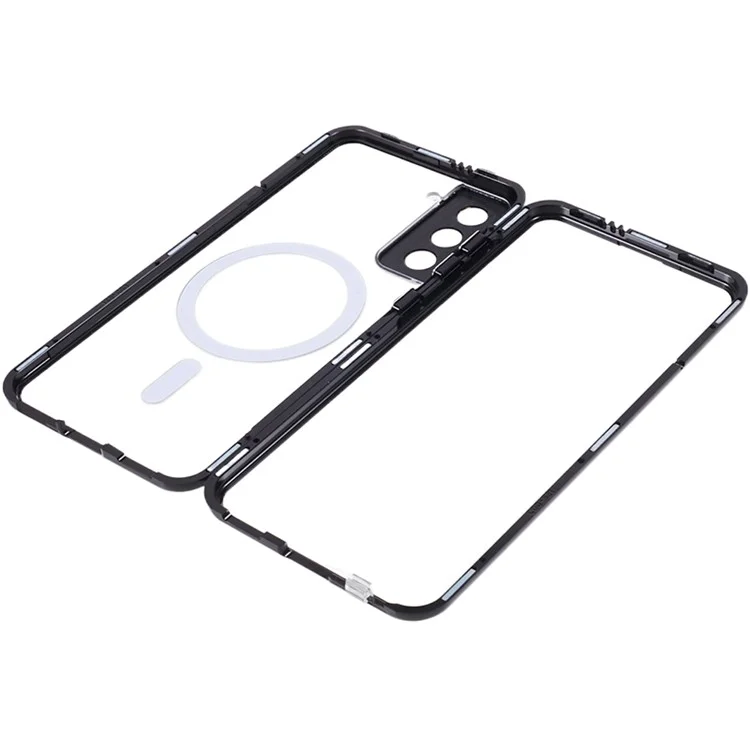 For Samsung Galaxy S22+ 5G Clear Magnetic Phone Case Tempered Glass Back Frosted PC Metal Frame Protective Cover - Black