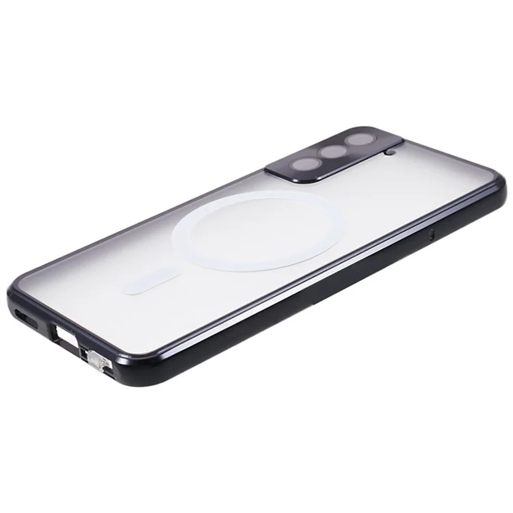 For Samsung Galaxy S22+ 5G Clear Magnetic Phone Case Tempered Glass Back Frosted PC Metal Frame Protective Cover - Black