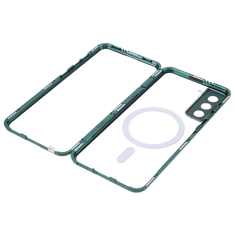 Для Samsung Galaxy S21 5G Двухсторонний защитный чехол Магнитная металлическая рама Закаленное стекло Матовый ПК Чехол для телефона - Зеленый