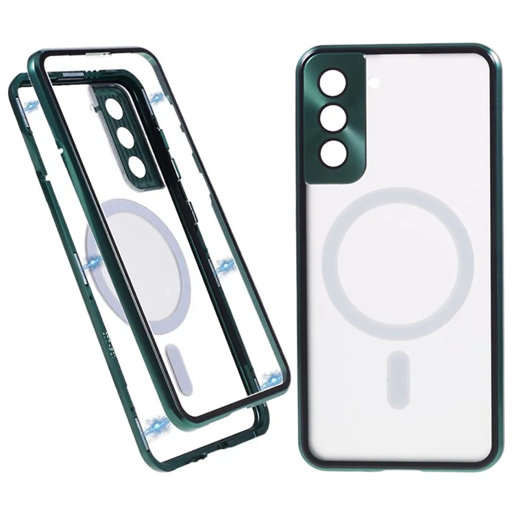 Pour Samsung Galaxy S21+ 5G Coque de téléphone magnétique Cadre en métal Dos en verre trempé Couverture de protection PC mat double face - Vert