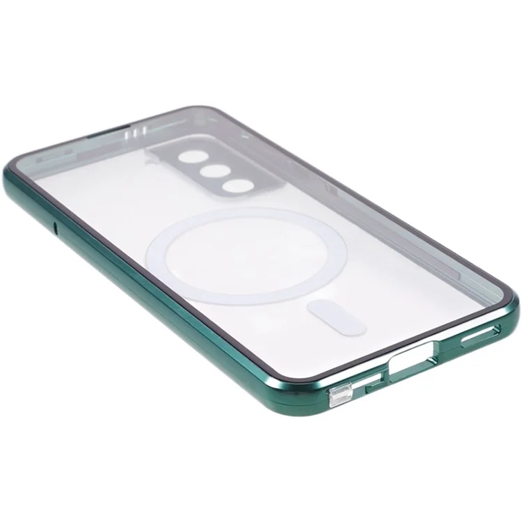 For Samsung Galaxy S21+ 5G Magnetic Phone Case Metal Frame Tempered Glass Back Frosted PC Double-sided Protection Cover - Green