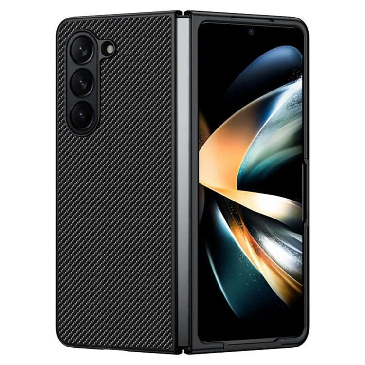 Para Samsung Galaxy Z Fold5 5G Slim Fit PU Leather + PC Case Carbon Fiber Texture Phone Cover - Carbon Black