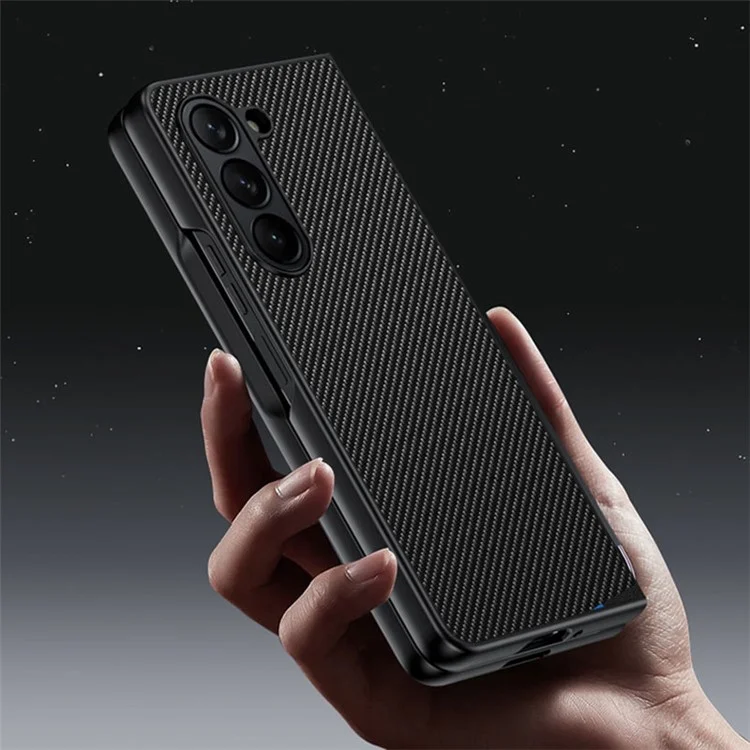 Para Samsung Galaxy Z Fold5 5G Slim Fit PU Leather + PC Case Carbon Fiber Texture Phone Cover - Carbon Black