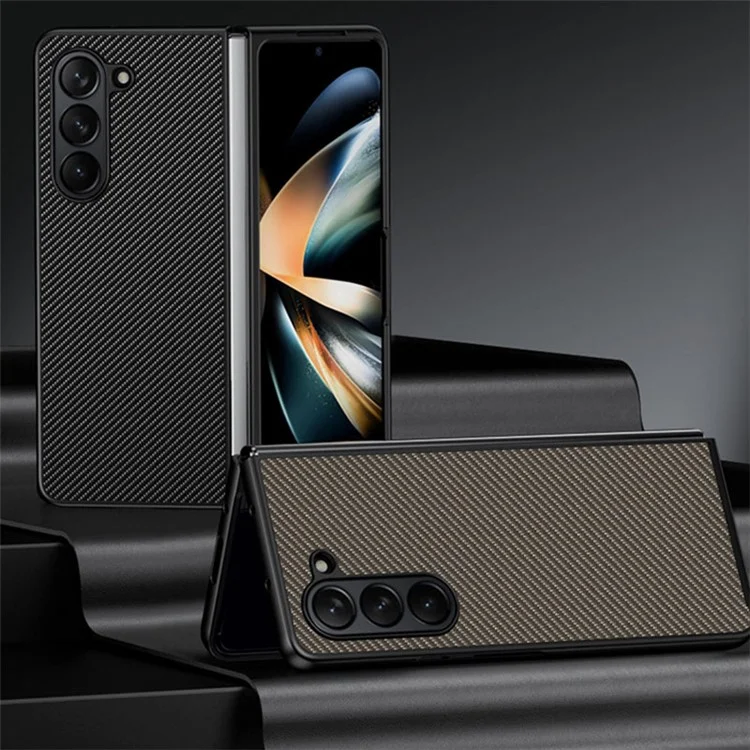 Para Samsung Galaxy Z Fold5 5G Slim Fit PU Leather + PC Case Carbon Fiber Texture Phone Cover - Carbon Black