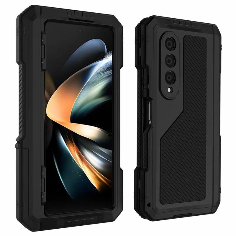 For Samsung Galaxy Z Fold4 5G Aluminium Alloy + Silicone Phone Case Shockproof Dustproof Kickstand Protective Cover with Screen Protector - Black