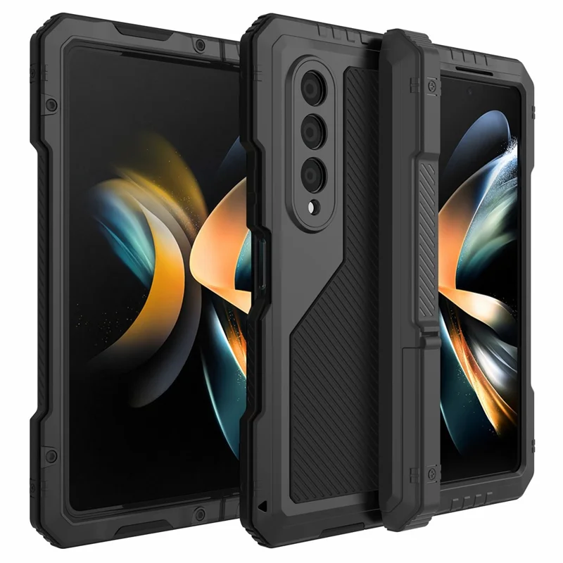 For Samsung Galaxy Z Fold4 5G Aluminium Alloy + Silicone Phone Case Shockproof Dustproof Kickstand Protective Cover with Screen Protector - Black