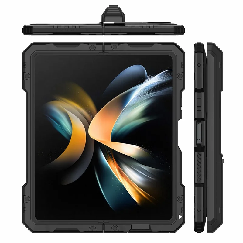 For Samsung Galaxy Z Fold4 5G Aluminium Alloy + Silicone Phone Case Shockproof Dustproof Kickstand Protective Cover with Screen Protector - Black