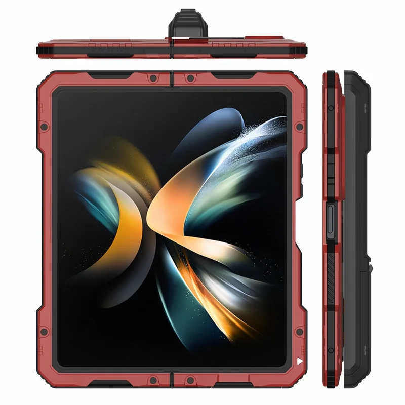 For Samsung Galaxy Z Fold4 5G Aluminium Alloy + Silicone Phone Case Shockproof Dustproof Kickstand Protective Cover with Screen Protector - Red
