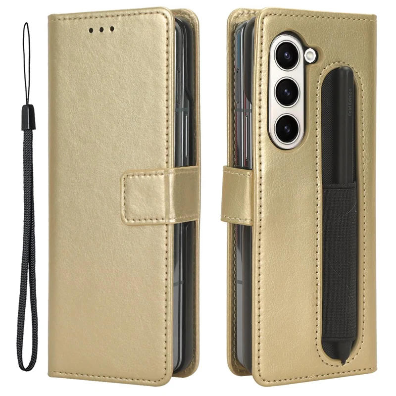 Phone Cover for Samsung Galaxy Z Fold5 5G Leather Wallet Crazy Horse Texture Stand Case with Pen Slot - Gold