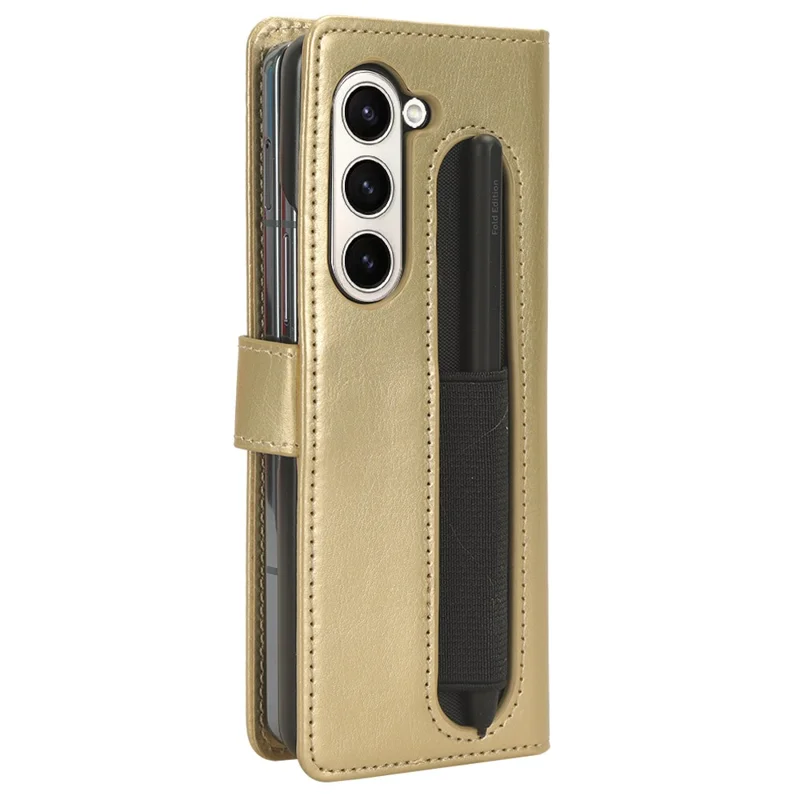 Phone Cover for Samsung Galaxy Z Fold5 5G Leather Wallet Crazy Horse Texture Stand Case with Pen Slot - Gold