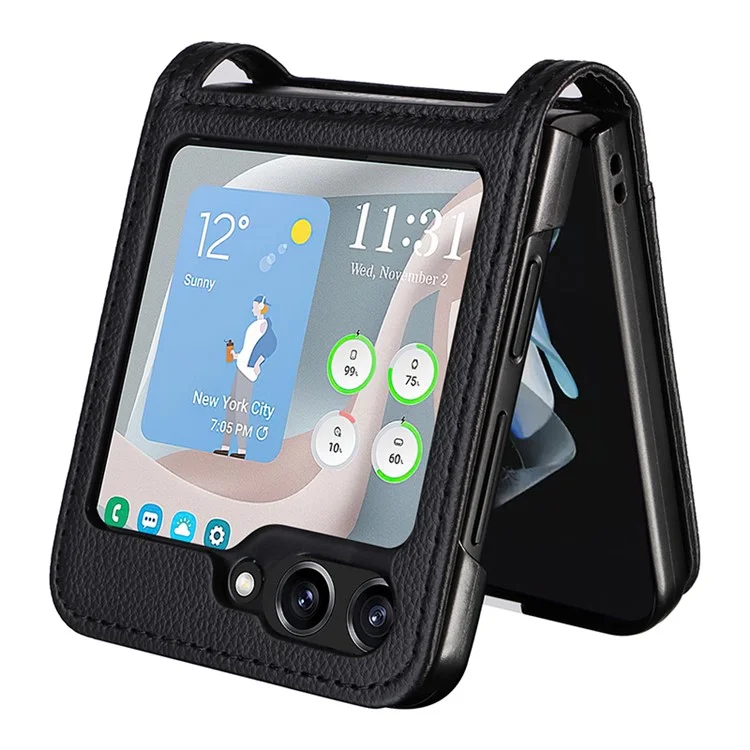 Für Samsung Galaxy Z Flip5 5G Litchi Texture One-piece Phone Case PU Leder + PC Kartensteckplatz Cover - Schwarz