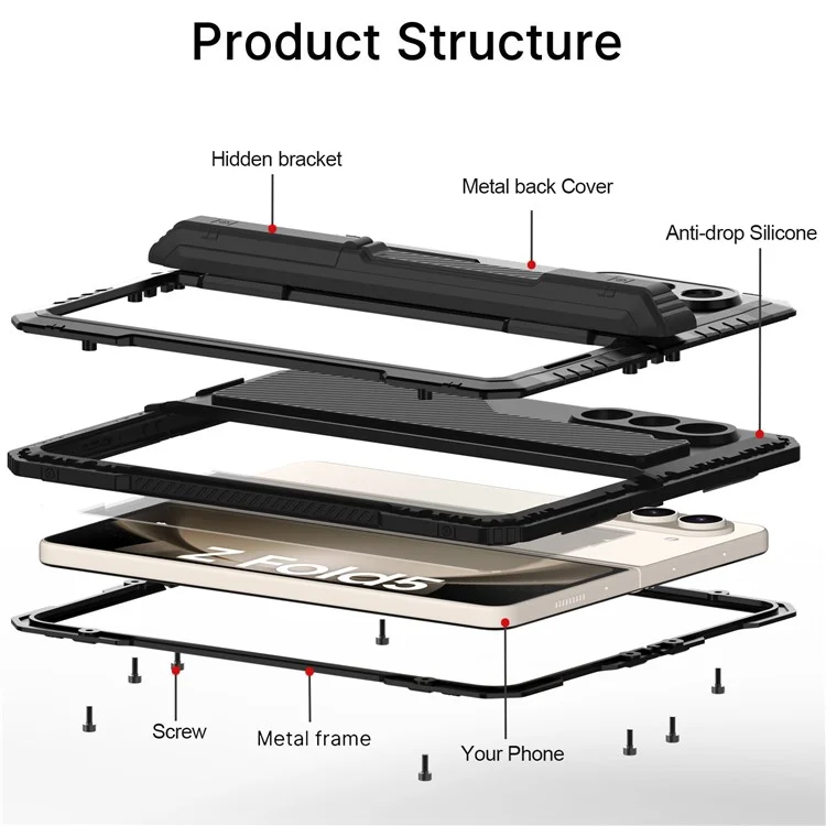 Per Samsung Galaxy Z Fold5 5G Custodia Protettiva in Lega di Alluminio + Silicone con Supporto Antiurto - Nero