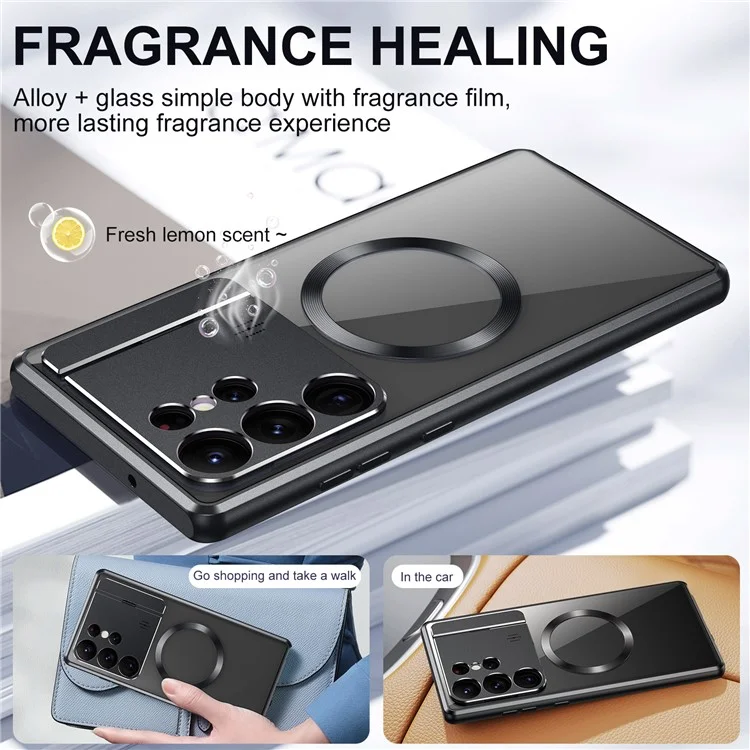 Alloy+Acrylic Back Phone Cover for Samsung Galaxy S23 Ultra 5G Aroma Design Lens Guard Kickstand Case Compatible with MagSafe - Black
