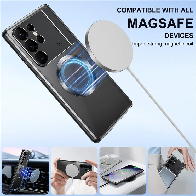 Alloy+Acrylic Back Phone Cover for Samsung Galaxy S23 Ultra 5G Aroma Design Lens Guard Kickstand Case Compatible with MagSafe - Black