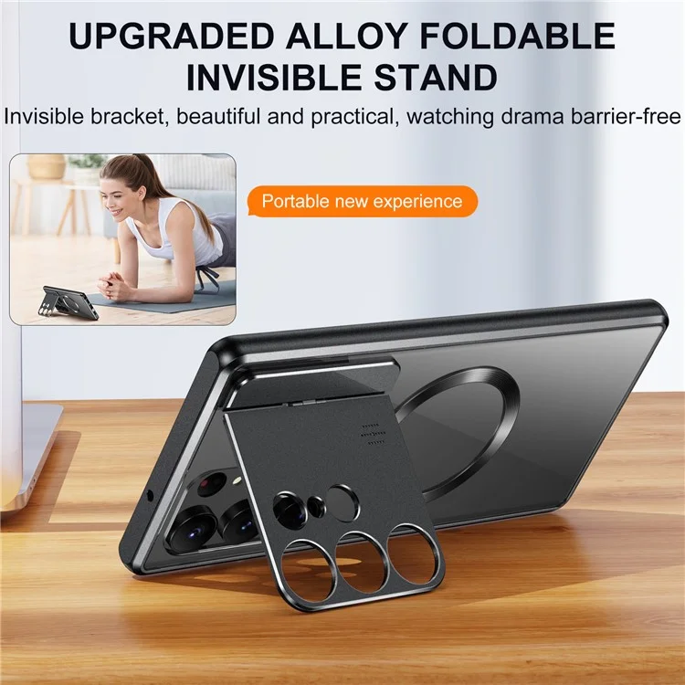 Alloy+Acrylic Back Phone Cover for Samsung Galaxy S23 Ultra 5G Aroma Design Lens Guard Kickstand Case Compatible with MagSafe - Black