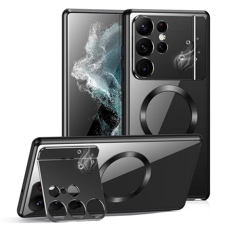 Чехол Aroma Design Alloy+Acrylic для Samsung Galaxy S22 Ultra 5G с защитой линзы и подставкой, совместимый с MagSafe - черный