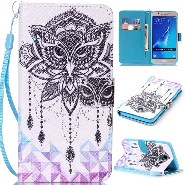 Patterned Leather Wallet Case with Lanyard for Samsung Galaxy J5 (2016) SM-J510 - Owl and Crystal Decor