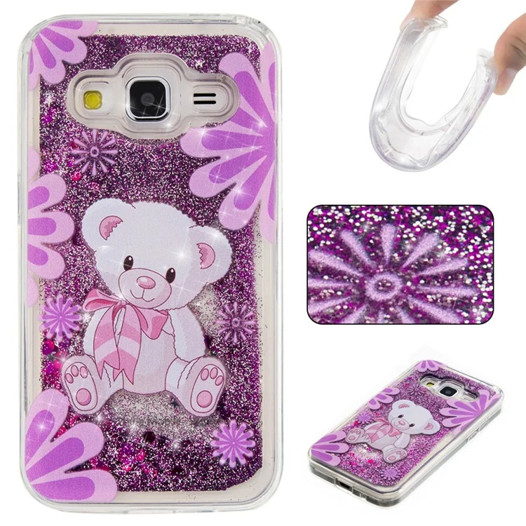 For Samsung Galaxy Core Prime SM-G360 Patterned Quicksand Liquid Glittering TPU Soft Case - Purple / Bear and Flowers