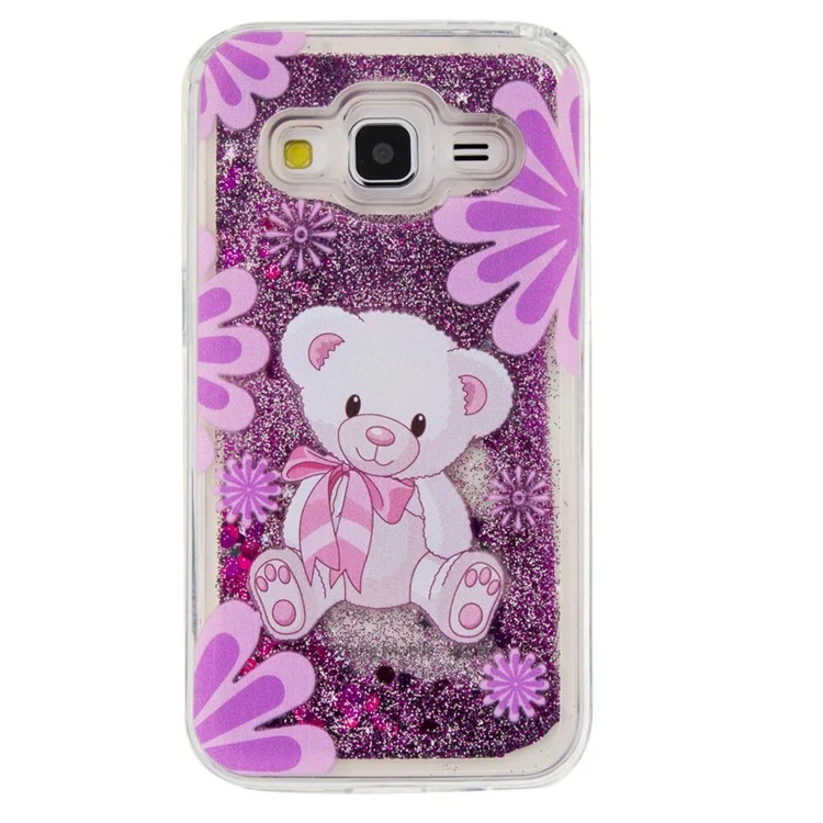 For Samsung Galaxy Core Prime SM-G360 Patterned Quicksand Liquid Glittering TPU Soft Case - Purple / Bear and Flowers