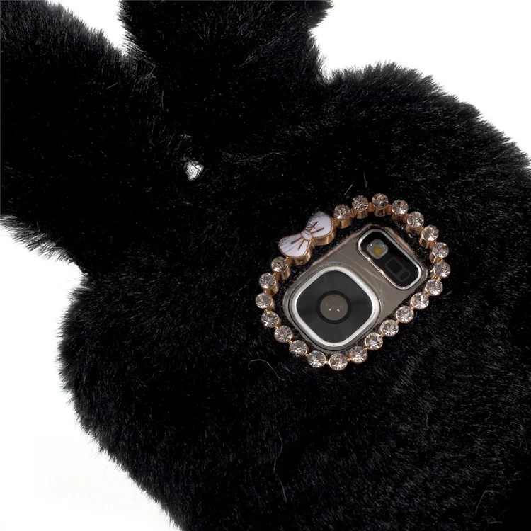 Custodia morbida in TPU con coniglio in stile fashion, decorata con strass e pelliccia soffice per Samsung Galaxy S7 G930 - Nero