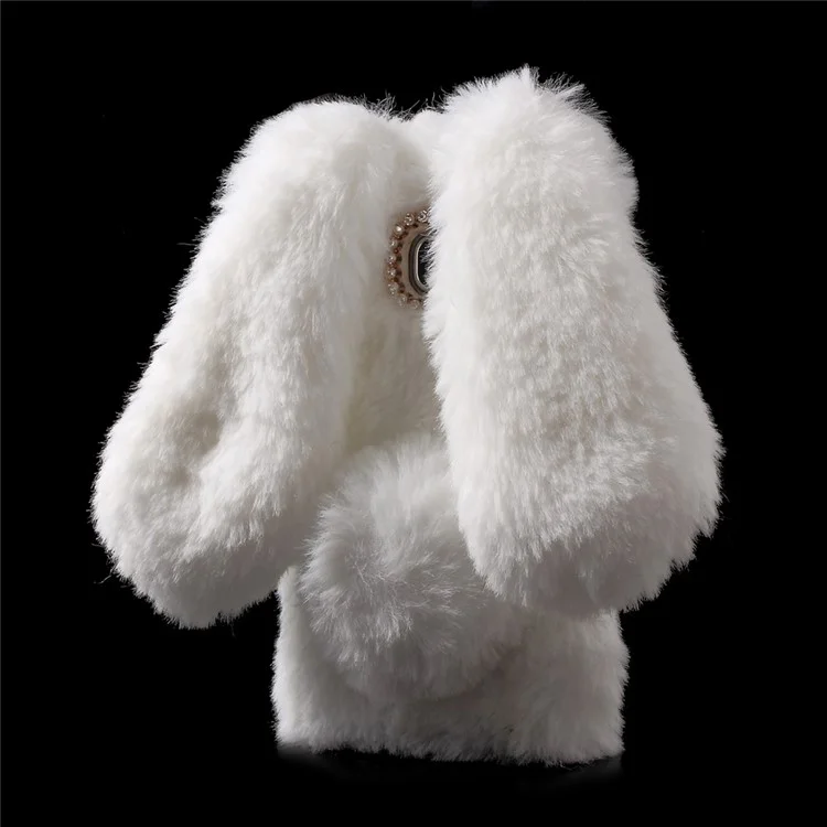 Fashion Rabbit Shaped Ears Rhinestone Fluffy Fur TPU Cover for Samsung Galaxy S7 G930 - White