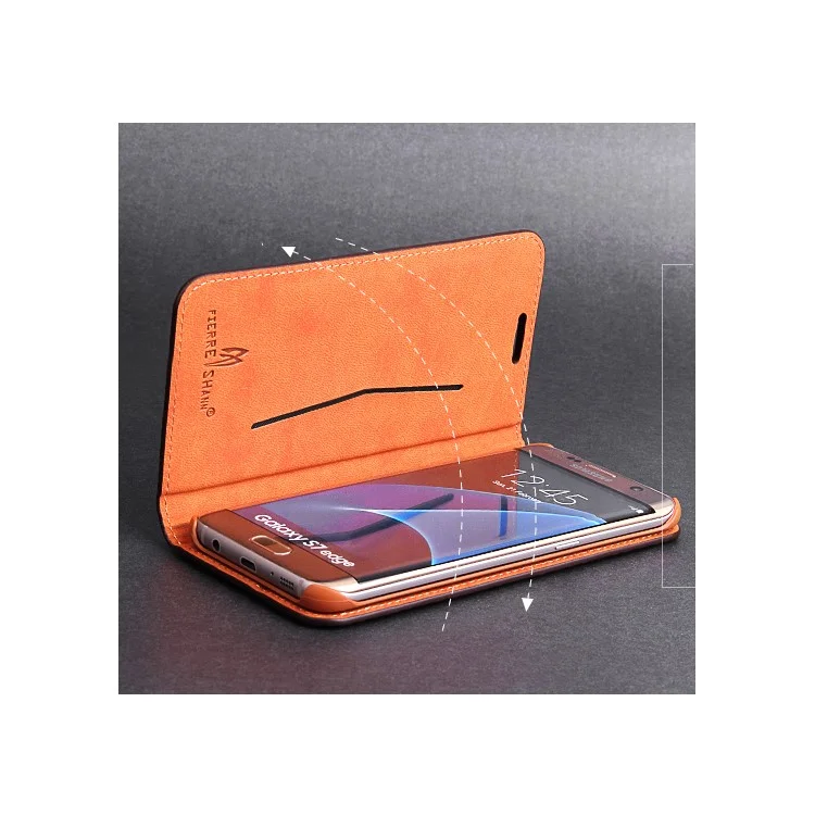 FIERRE SHANN Chinese Coin Cowhide Leather Magnetic Cover for Samsung S7 Edge G935 - Coffee