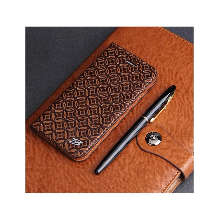 FIERRE SHANN Chinese Coin Cowhide Leather Magnetic Cover for Samsung S7 Edge G935 - Coffee