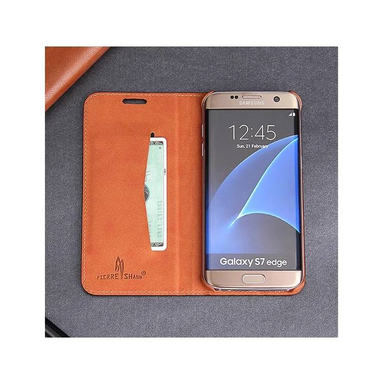 FIERRE SHANN Chinese Coin Cowhide Leather Magnetic Cover for Samsung S7 Edge G935 - Coffee