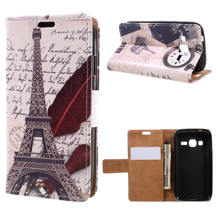 Patterned Card Holder Leather Case for Samsung Galaxy J1 Mini Prime - Eiffel Tower and Feather