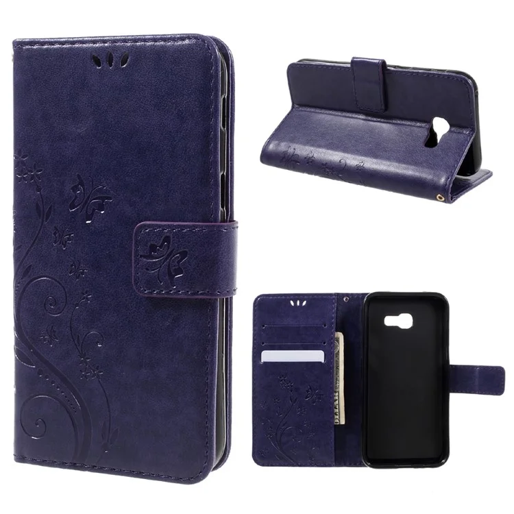 Butterfly Flowers Téléphone Portefeuille en Cuir Pour Samsung Galaxy A3 (2017) - Violet Foncé