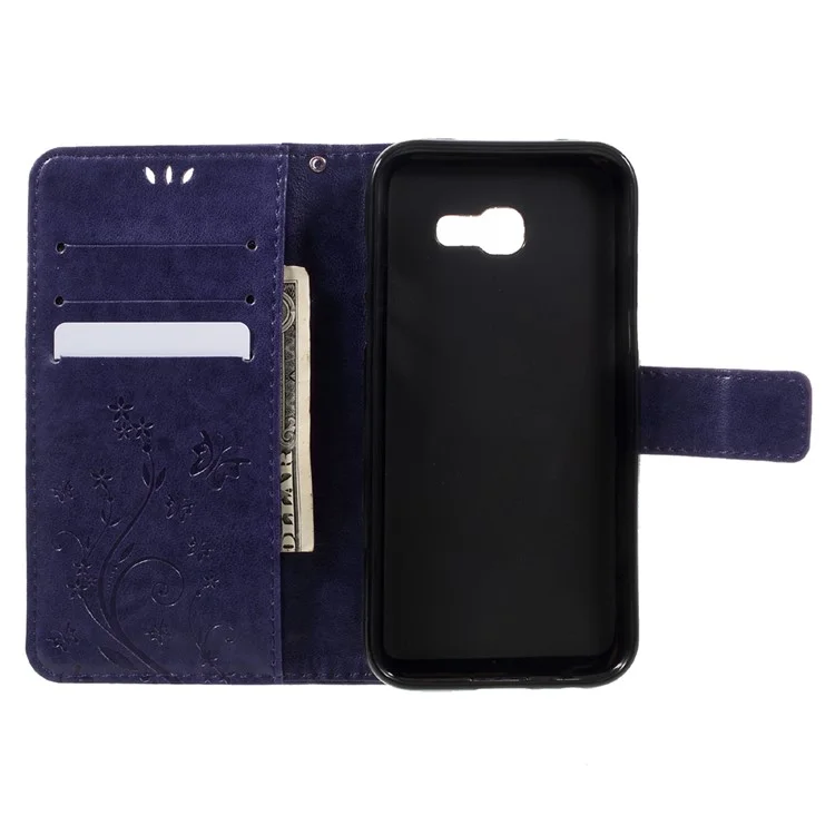 Butterfly Flowers Téléphone Portefeuille en Cuir Pour Samsung Galaxy A3 (2017) - Violet Foncé