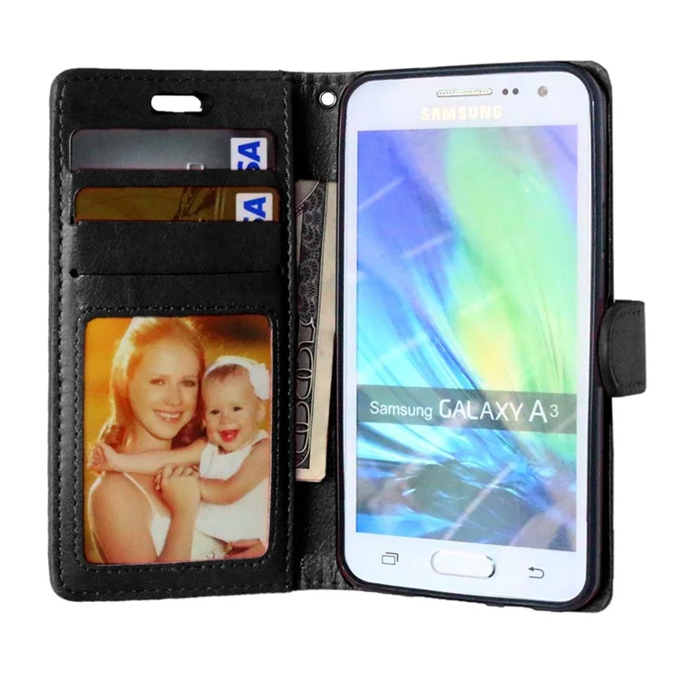 Crazy Horse Leather Wallet Case for Samsung Galaxy A3 SM-A300F - Black