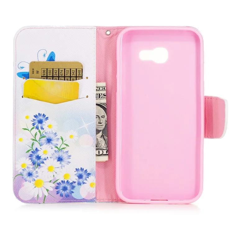For Samsung Galaxy A5 (2017) Patterned Leather Wallet Mobile Stand Case - Flowers and Blue Butterflies